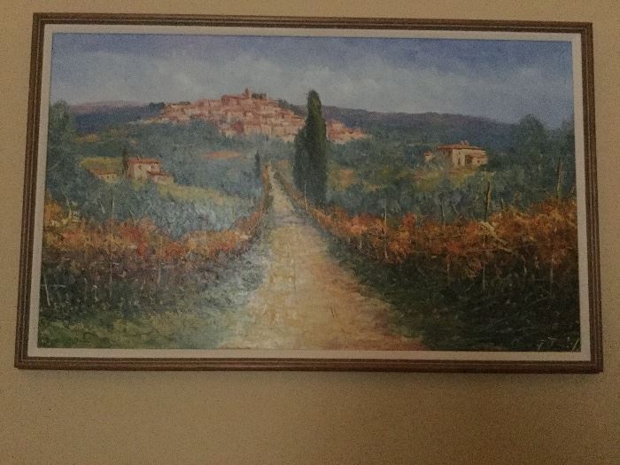 Original oil painting from Tuscany of Cortona, Italy, wooden framed with linen matting 