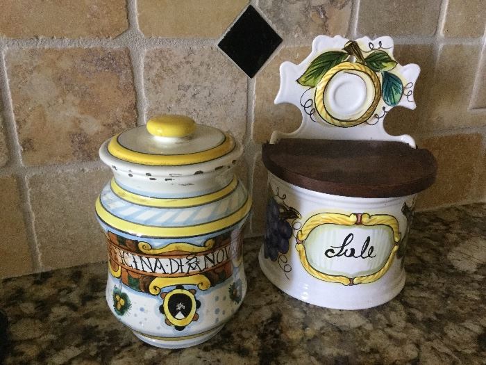 A Santa Maria Novella apothecary jar from Florence, Italy, Italian ceramic salt box for your kitchen, hinged wooden lid, can be put on counter or hung on wall