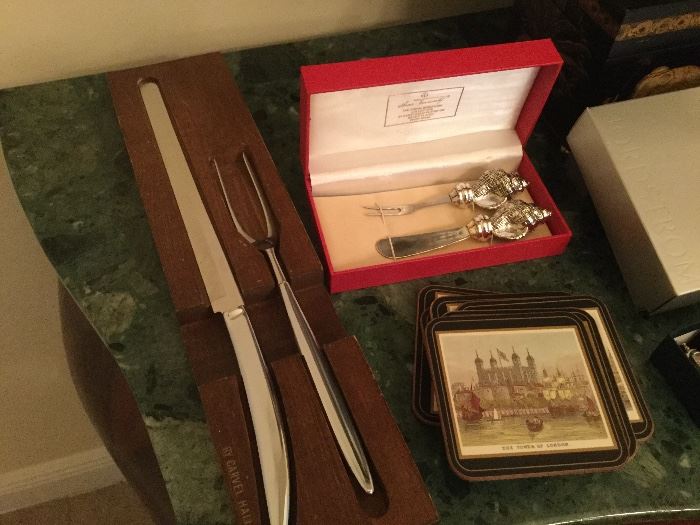Vintage carving set from 1972 with today’s modern look, in original wooden holder, shell motif cheese knife and fork set in original gift box,  from England, a set of coasters with various London scenes on each