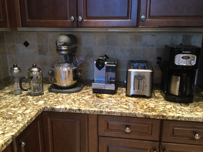 Upscale small kitchen appliances; heavy duty Kitchen Aid mixer with attachments,  Nespresso coffee machine, virtually unused, Breville 4-slice toaster, Bonjour press coffee maker and milk frother, Cuisinart coffee maker