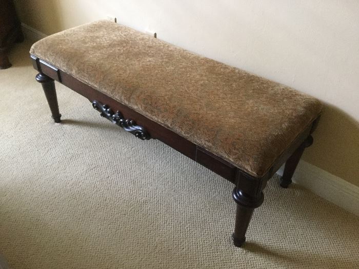 Reddish brown finish mahogany bench with a olive/mustard velvet in a raised pattern, wood turned legs with Pompeian bronze patina brass decoration on apron, 50” W  x 20” D x 20”H