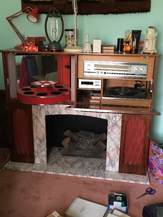 Ultra Retro Combination Fireplace, AM/FM Radio, Turntable, Rotating Bar and Album Holder