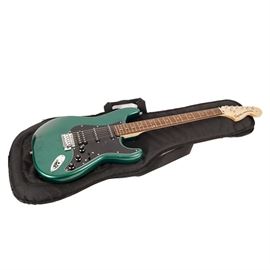 Fender Squier Stratocaster with Gig Bag: A Fender Squier Stratocaster Standard Series electric guitar. This green six-string electric guitar has a black pickguard, three single coil pickups, one volume adjustment knob, two tone adjustment knobs and a channel selector switch. Also included is a black soft-sided Fender gig bag. The back of the guitar head is marked “Crafted in Indonesia / SN IC00062595”.