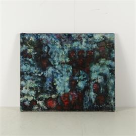 Pierre André De Wisches Oil on Canvas Painting "les diaboliques": An oil on canvas painting by Pierre André De Wisches (French, 1909 – 1997) titled les diaboliques. The Abstract Expressionist painting features layers of blue and dark green pained with short brush strokes interspersed with smaller areas of ominous red black. The unframed painting is signed “P.A. de Wisches” to the lower right and the title is written to the verso.