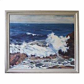 Norman C. Hurd Oil on Canvas Seascape: An original signed oil on canvas seascape by listed artist Norman C. Hurd. The work depicts a rocky coastline with white frothy waves pounding against the large boulders. To the horizon is a deep blue sea with white gulls and a dense, cloud-filled sky. The work is rendered in an expressionistic style with impasto application of paint. The painting is displayed in a white-washed wood frame and is signed to the lower right corner. The piece is wired to the back for wall hanging.