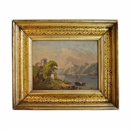 19th Century Original Oil Landscape on Canvas: A 19th century original oil landscape on canvas. The unsigned painting depicts two sailing boats on a placid river, under a cloud-filled blue sky, with a mountain range with snow-capped peaks to the right background, a flat shore with several trees to the right and sunlit dirt shoreline to the left, leading to a stone arch and Gothic tower on a hill overlooking the river. The boat to the foreground is moored on the shore, while the other is in midstream in the distance. The painting is displayed in an antique gold leaf on gesso beveled frame with foliate stenciled band to the center.