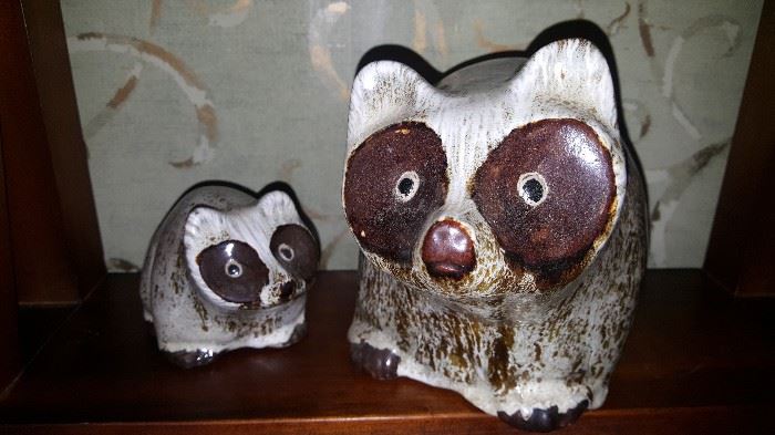 Pigeon Forge Pottery raccoons signed by Douglas Ferguson