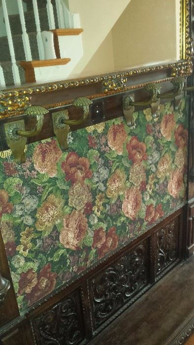 1800's European Antique Hand Carved Hall Bench Original Tapestry under current fabric. 