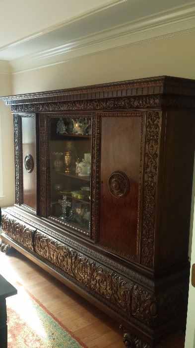 1800's Hand Carved China Cabinet Buffet w/ locking feature and key! European