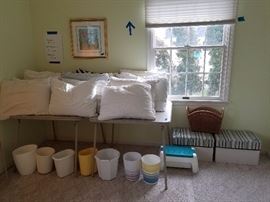 Pillows and wastebaskets