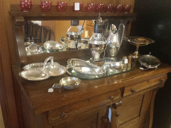 silver plate on vintage oak buffet with mirror