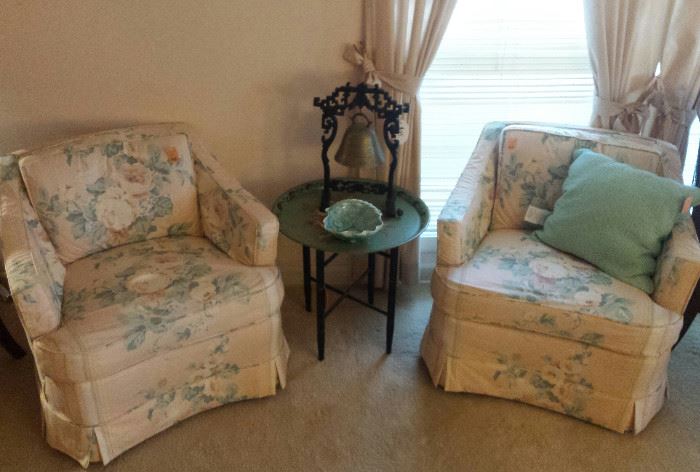 club chairs, Asian brass bell in stand, metal top table