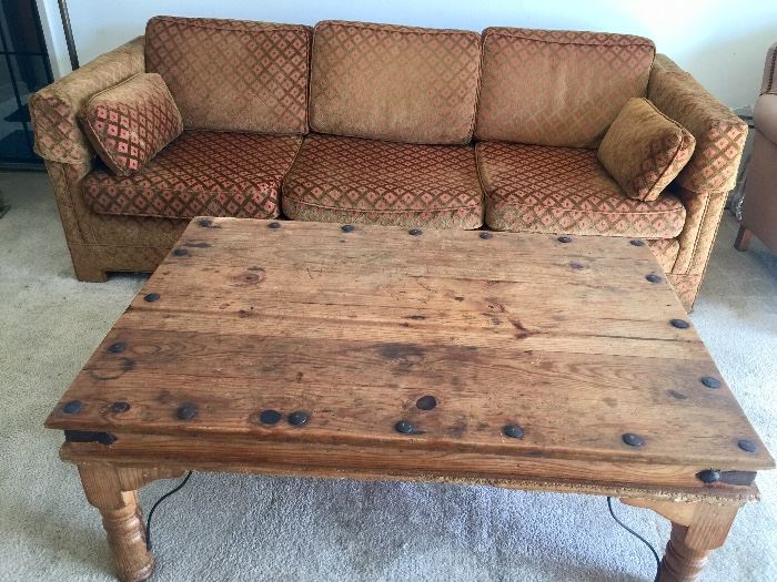 SOLD Regency silk couch- STILL AVAIL Soild wood coffee table.