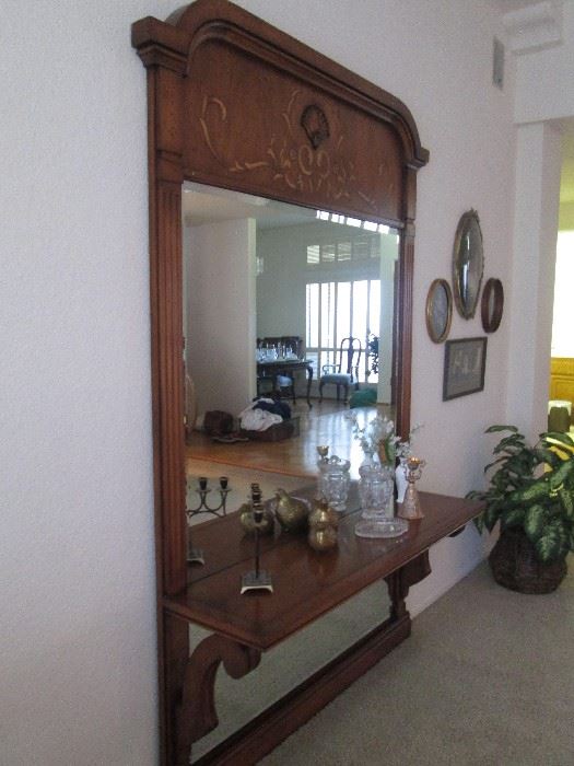 AMAZING  Pier Mirror with display shelf features inlaid wood, carved shell applique and beveled glass!! Measures 7'1" x 4' 9" with a 14" shelf extension. Hard-to-find piece will set off any room!! 