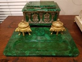 Faux Malochit desk tray w/inkwells & ormulou box 