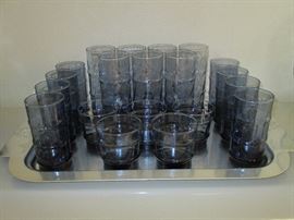 20 piece vintage Libby Bamboo blue glassware. Vintage Kensington aluminum tray
