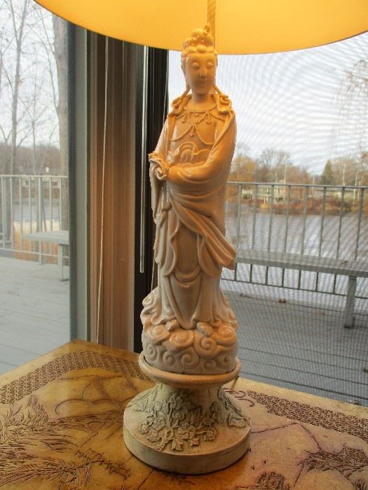 Quan Yin Blanc De Chine lamp.  Late 19th Century-early 20th Century.  Statue height is 15 1/2”.  Overall height is 34 1/2”
