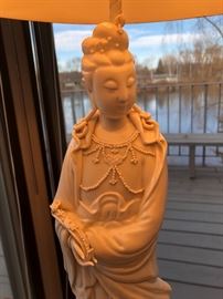 Quan Yin Blanc De Chine lamp.  Late 19th Century-early 20th Century.  Statue height is 15 1/2”.  Overall height is 34 1/2”