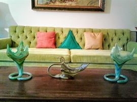 Beautiful 1950's "Art-Glass" which includes rare paired pieces.This magnificent chartreuse green sofa is 7 feet ---3 and one-half inches long.