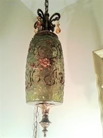 GORGEOUS 1950's green "crackled-glass" Swag-Chain" ceiling lamp.