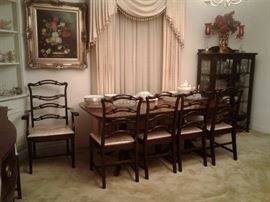 Mahogany Duncan Phyfe Table and 6 Cippendale Ladder-Back Chairs (5 Sides and 1 Arm)