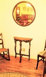 Late 1800's walnut demi'-lune table with great round mirror.