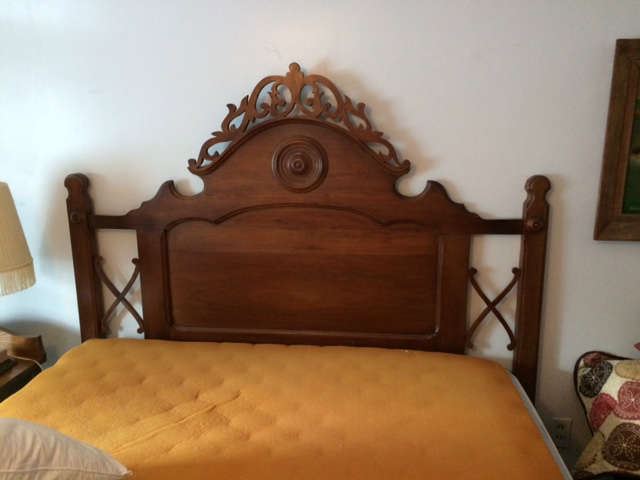 Custom queen bed made from 1800's Twin bed with ornate foot board and side rails. 