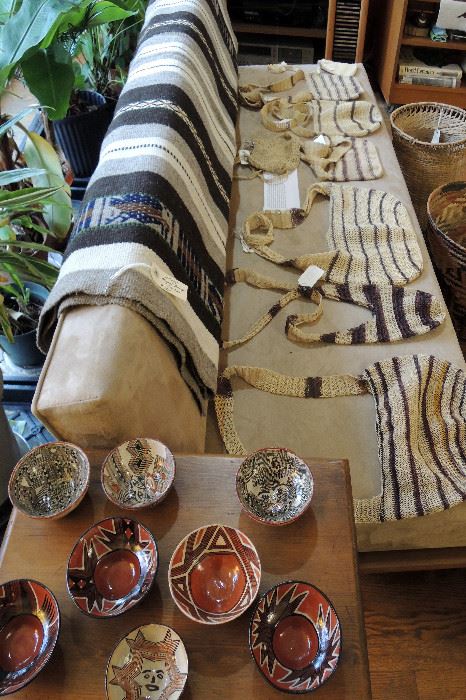 woven bags, pottery, rugs