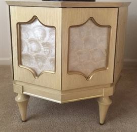 Vintage Pair Octagon End Tables w Shell Accented Doors