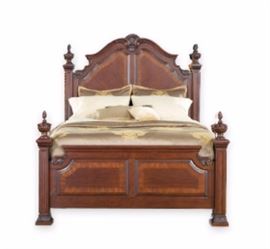 King bedroom furniture suite: clothing or media armoire, dresser with mirror, 2 side tables, low 4 poster bed, mattress set