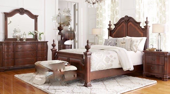 King bedroom furniture suite:  clothing or media armoire, dresser with mirror, 2 side tables, low 4 poster bed, mattress set