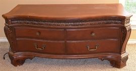 King bedroom furniture suite: clothing or media armoire, dresser with mirror, 2 side tables, low 4 poster bed, mattress set