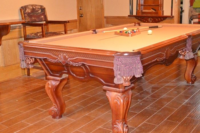 billiard / pool table with accessories, 2 stool / chairs and table set