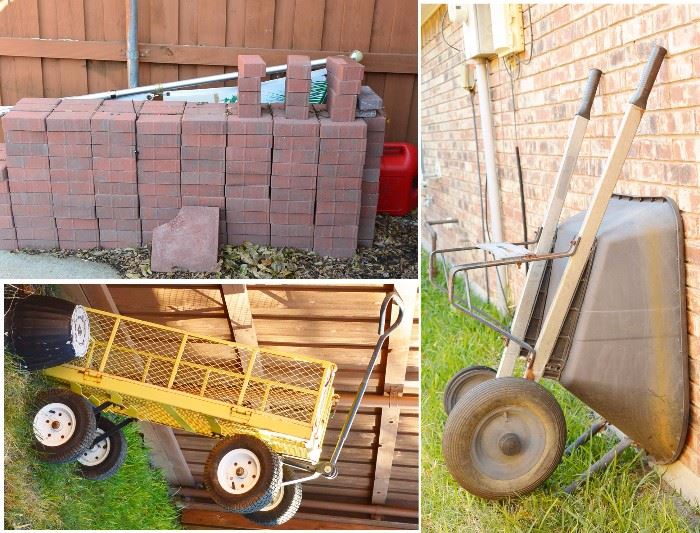 Garden supplies and tools.  Pavers, wagons, 