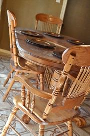 Oak carved kitchen table, leaf, 6 chairs