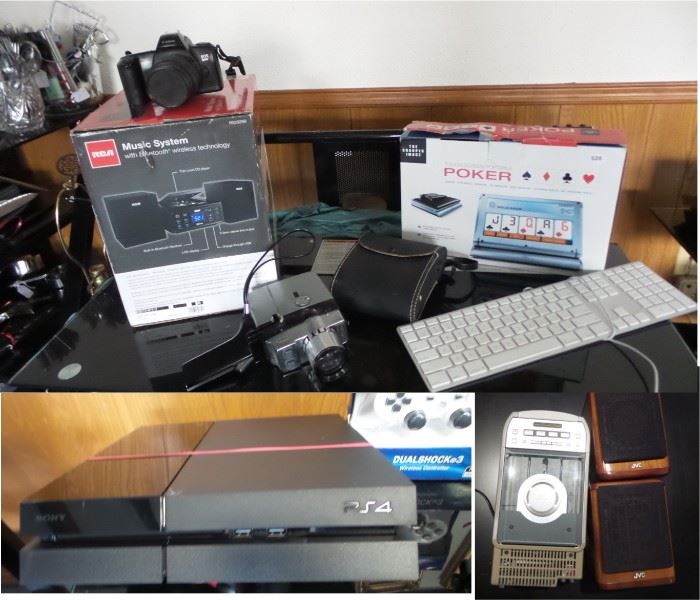 Home electronics. Vintage camera, game systems, music systems