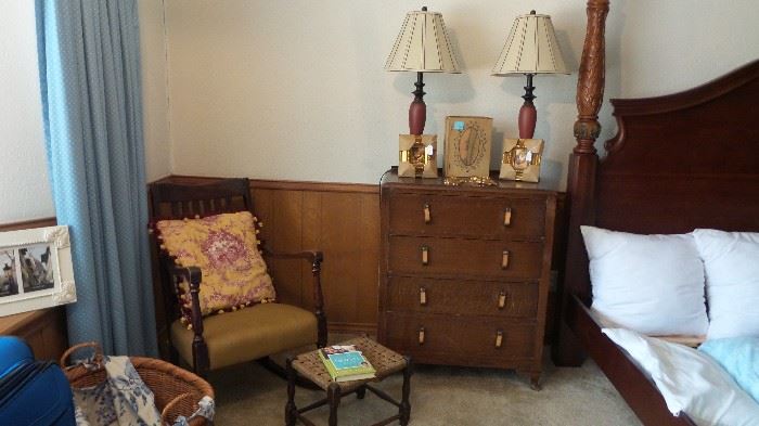 Lamps, antique wood rocker.  Antique dresser with bakelite handles