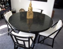 Oriental black lacquer table 6 chairs and ext. board. 