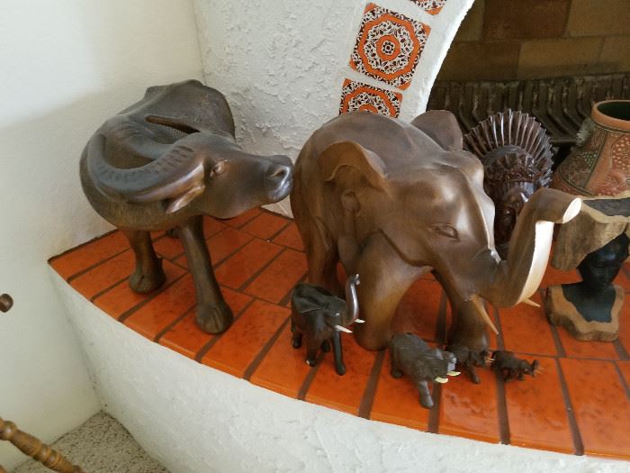 Wood Carves Water Buffalo & Elephants