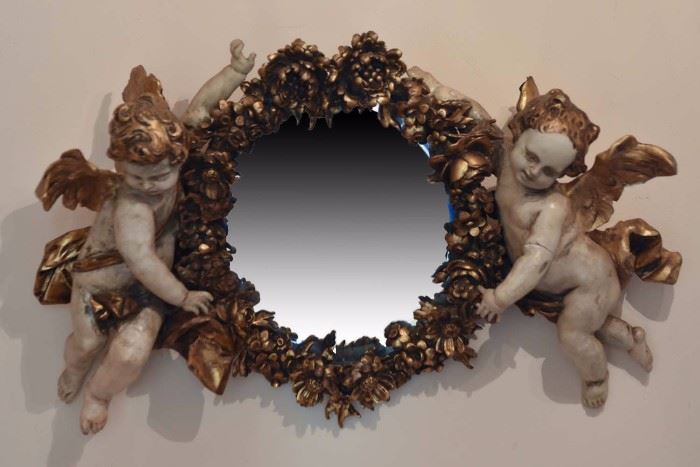 CARVED WOOD AND GESSO PUTTI MIRROR