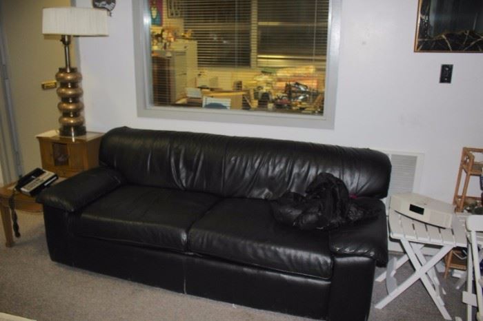 Black Leather Sofa,  Side Table, and Lamp