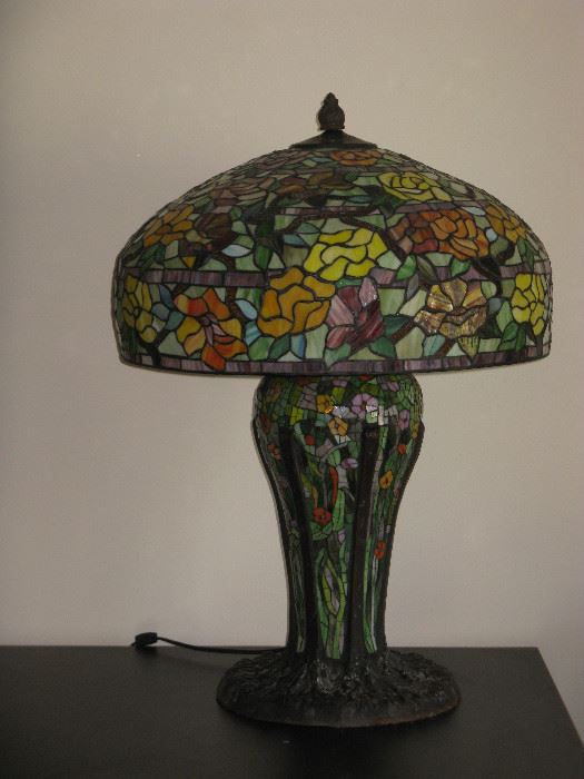 HUGE Tiffany Style Stained Glass Table Light with Metal Base