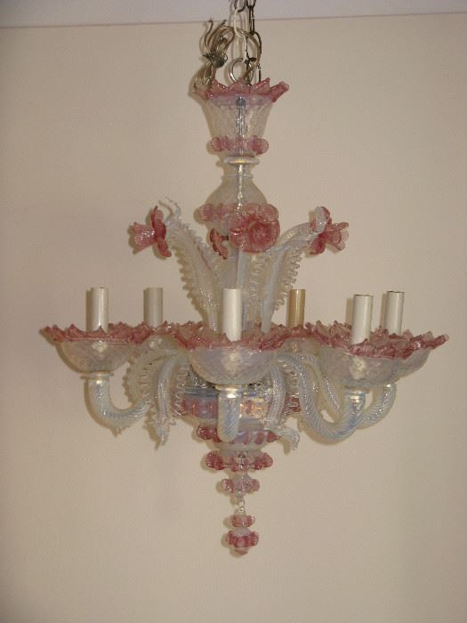 Vintage MURANO Art Glass Chandelier Mid century-Opalescent Pink Flowers & Leaves
