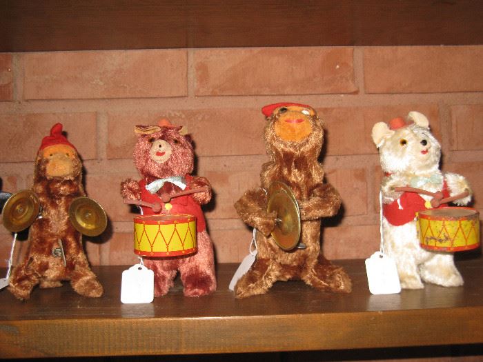 Vintage Wind Up Toys - 2 Bears Playing Drums & 2 Monkeys Playing Cymbals