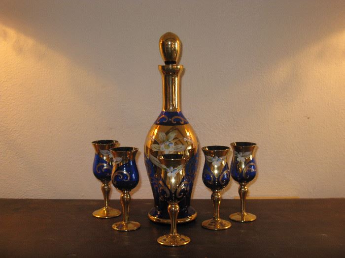 Vintage Bohemian Czech Gilt Cobalt Blue Gold Decanter Cordial Set Raised Enamel