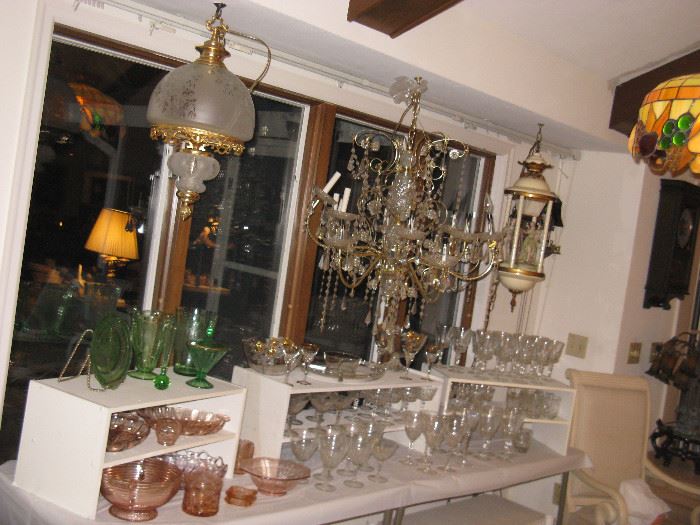 Crystal Chandeliers, Pink & Green Depression Glass, Crystal Wine Glasses
