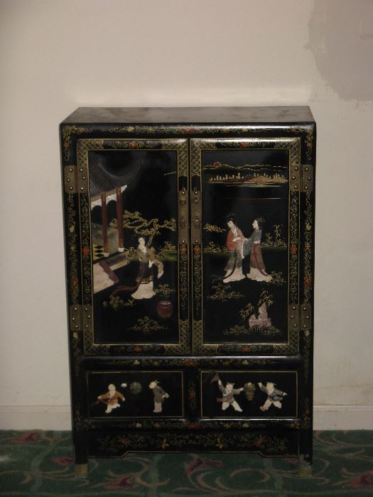 Vintage Oriental Black Lacquer Cabinet Mother of Pearl Geisha Girls