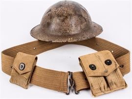Lot 203 - Military WWI U.S. Doughboy M1917 Helmet & Belt