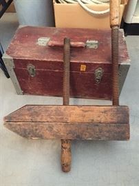 Antique Wooden Block Clamp and Vintage Wooden Toolbox