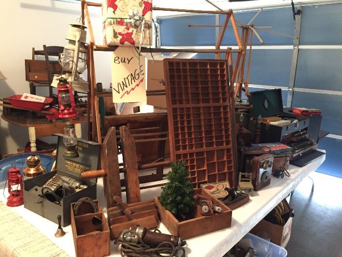 Vintage Wood Block Clamp, Vintage Wood Planers, Vintage Kerosene Lamps, Wood Boxes, American Telephone Co Field Phone, Vintage Tool Boxes and Tools